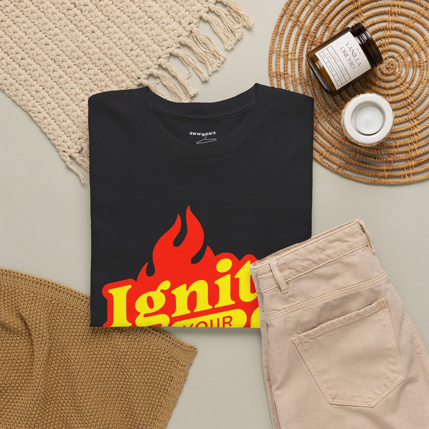 Retro Flame Ignite Graphic T-Shirt Tee, Bold Groovy Lettering Shirt, Motivational Spark Top, Gildan 5000 Inspirational Gift Tee