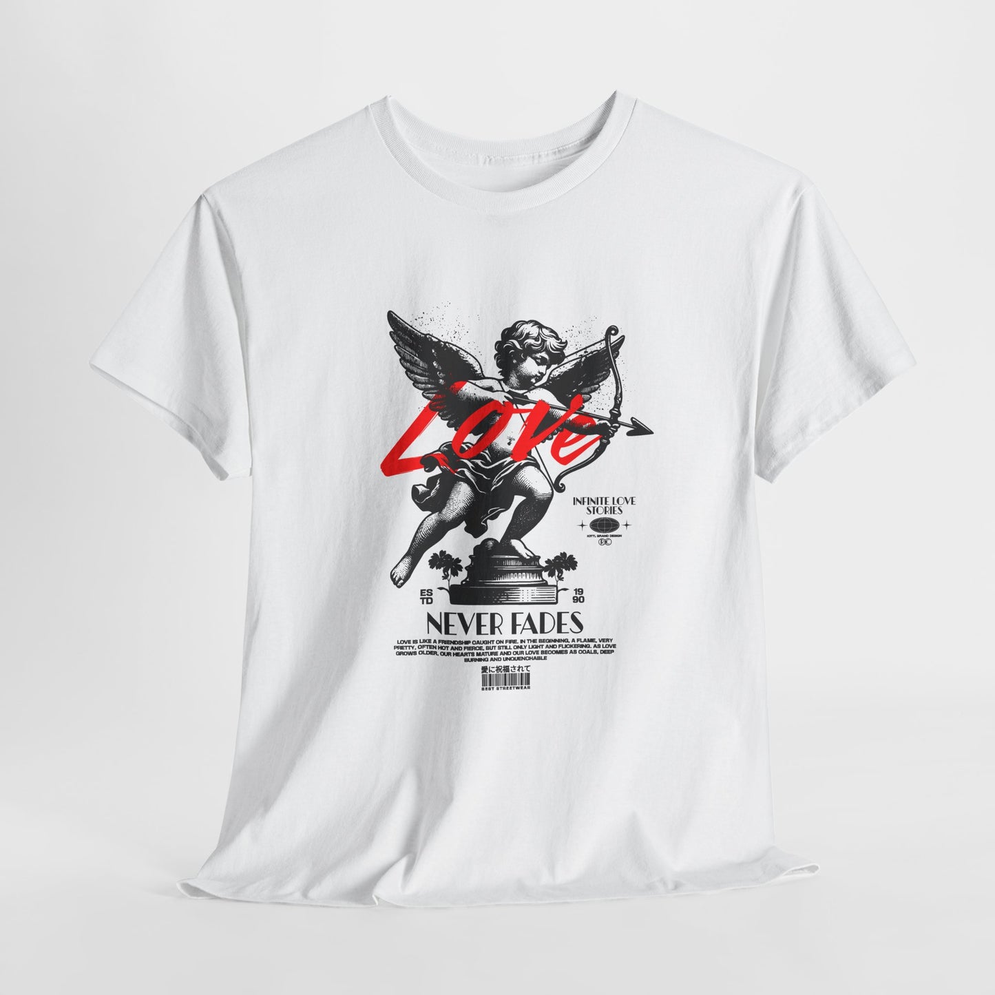 Cupid Statue T-Shirt, Love Never Fades Graphic Tee, Vintage Streetwear Shirt, Valentine's Aesthetic Gift