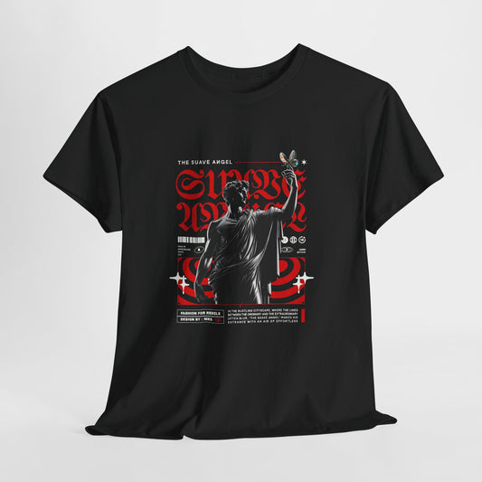 Classical Statue T-Shirt, Suave Angel Gothic Graphic Tee, Red Blackletter Streetwear Shirt, Renaissance Art Gift for Halloween
