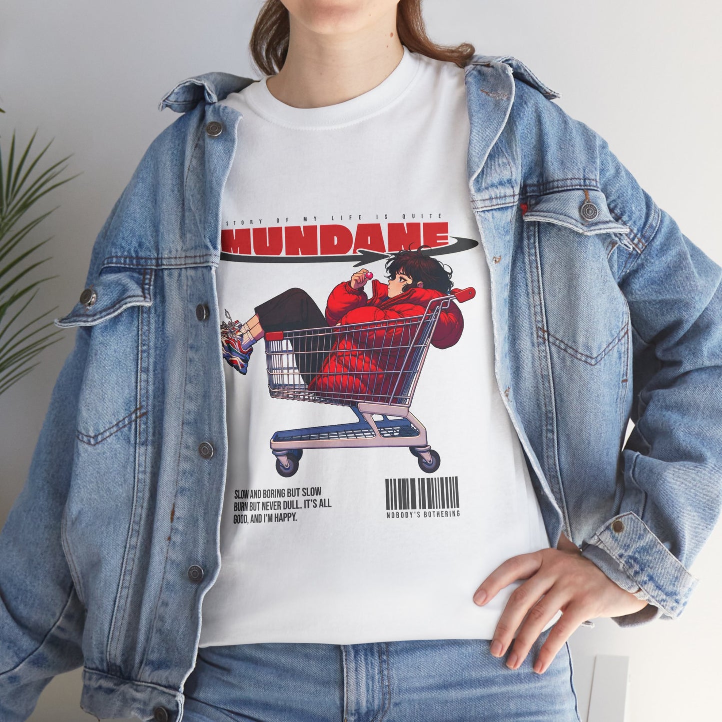 Mundane Anime Shopping Cart Graphic T-Shirt Tee, Y2K Streetwear Manga Shirt, Trendy Statement Top, Gildan 5000 Anime Gift Tee