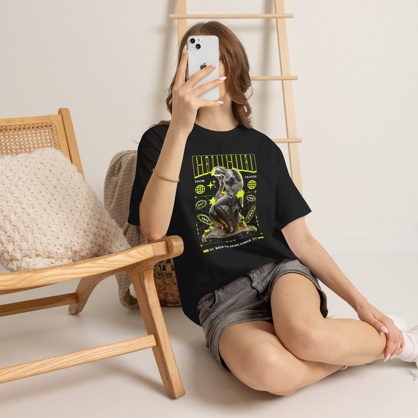 Chrome Statue Woman T-Shirt, Returned Liquid Metal Graphic Tee, Neon Green Streetwear Shirt, Cyber Y2K Gift