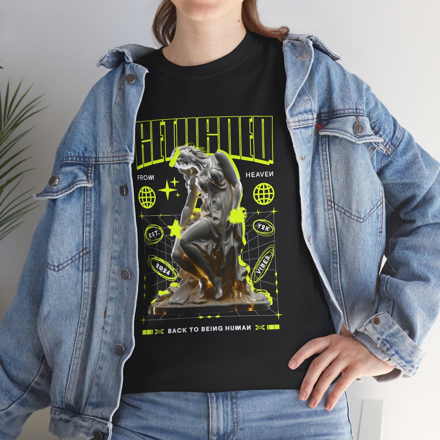 Chrome Statue Woman T-Shirt, Returned Liquid Metal Graphic Tee, Neon Green Streetwear Shirt, Cyber Y2K Gift
