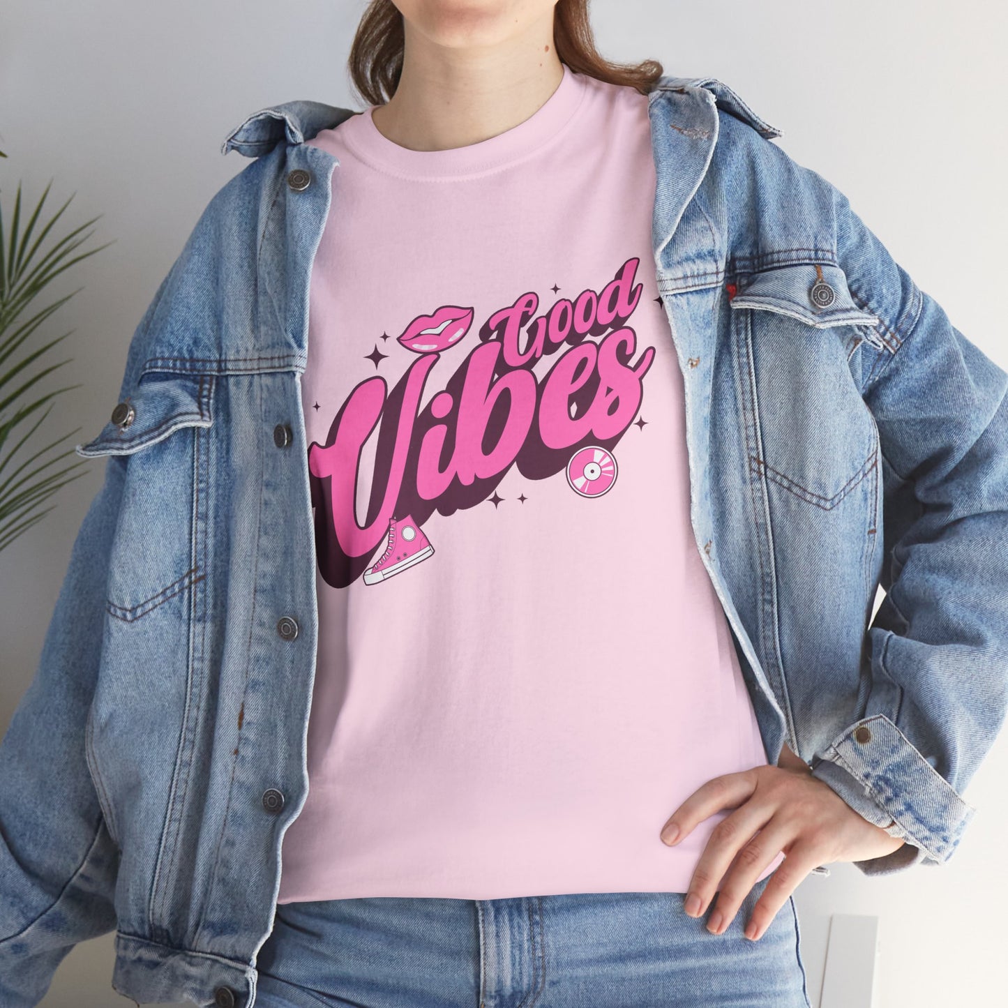 Good Vibes Retro Groovy Graphic T-Shirt Tee, Pink Y2K Streetwear Shirt, Trendy Sneaker Statement Top, Gildan 5000 Retro Gift Tee