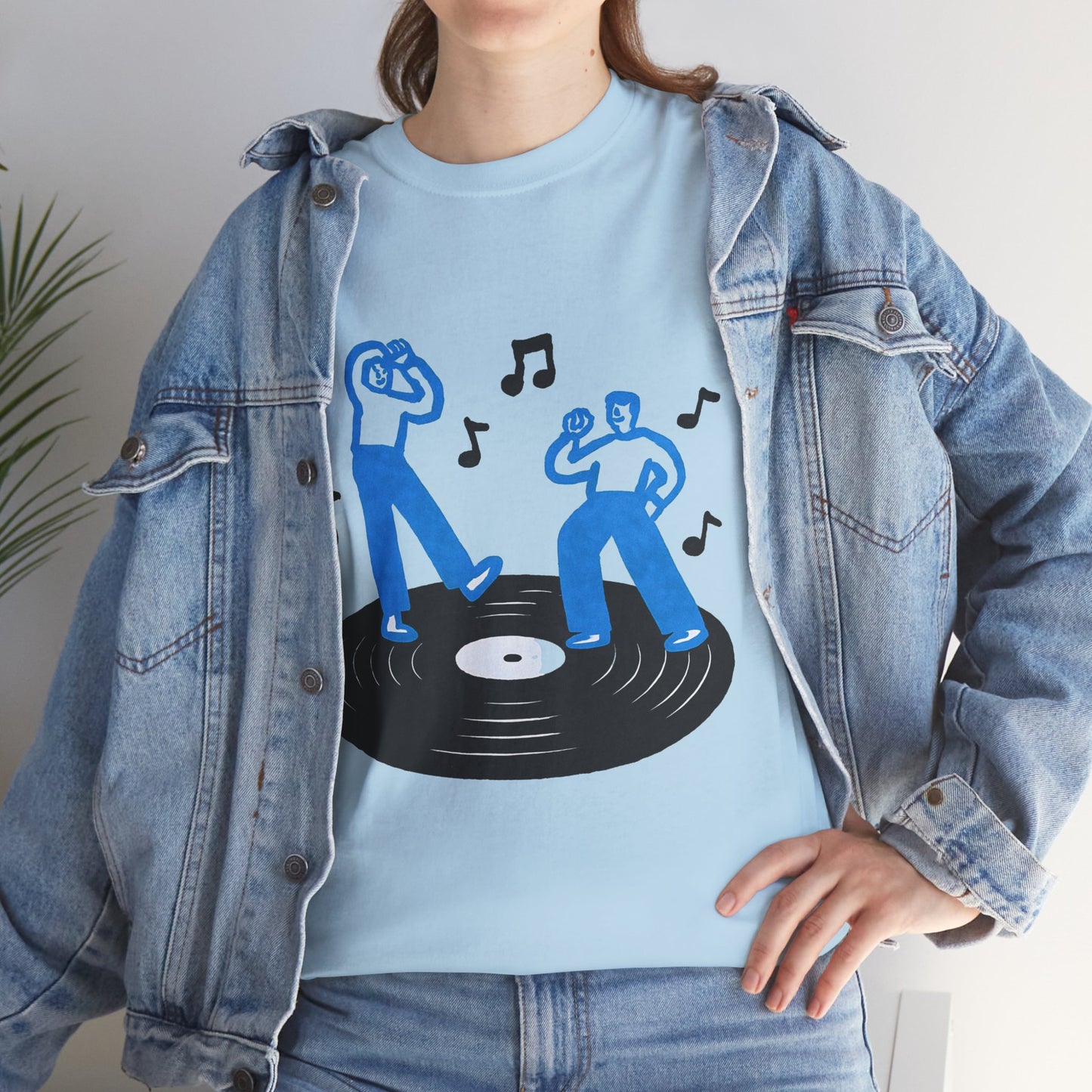 Dancing Vinyl Record T-Shirt, Retro Music Graphic Tee, Blue Hand Drawn Streetwear Shirt, Music Lover Aesthetic Gift