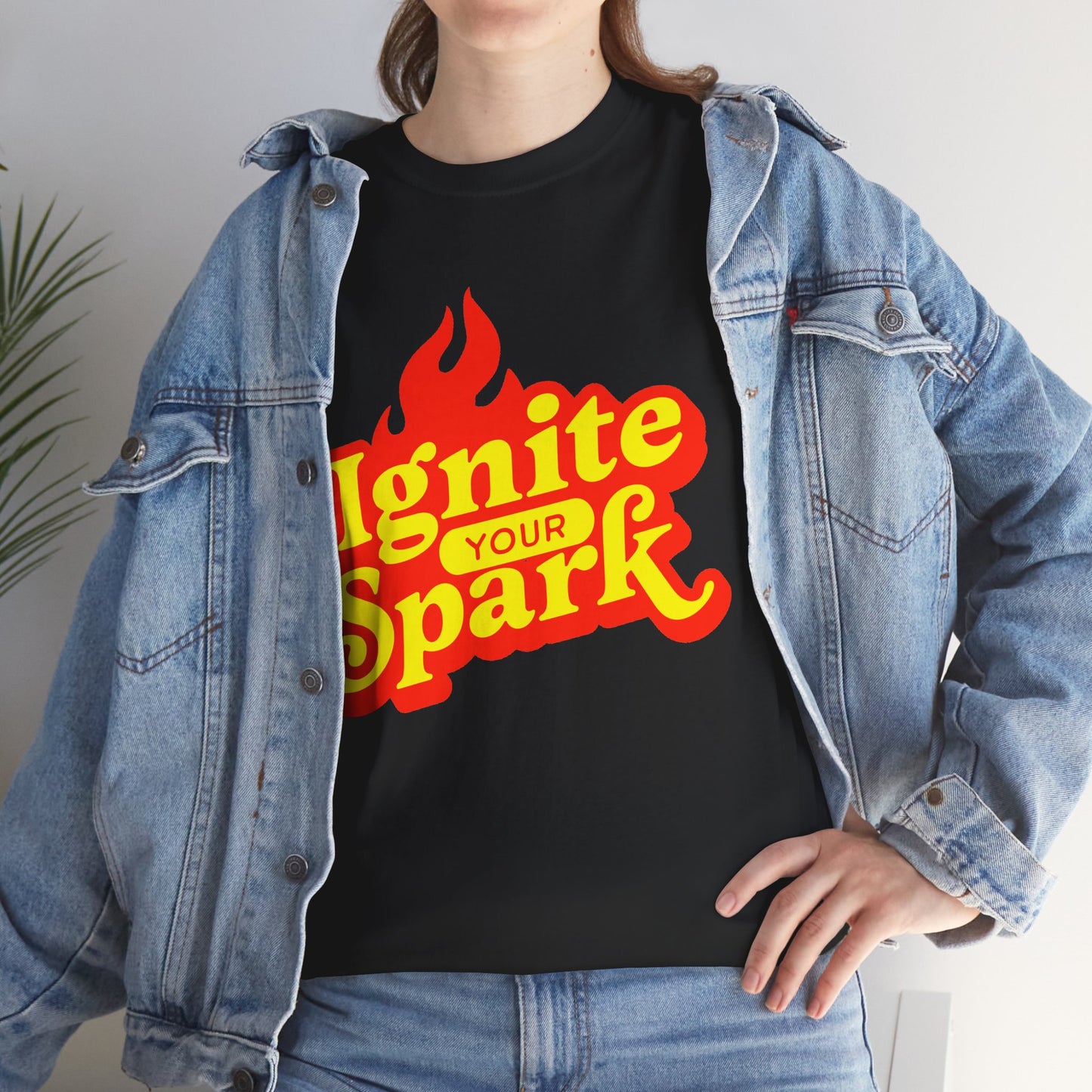 Retro Flame Ignite Graphic T-Shirt Tee, Bold Groovy Lettering Shirt, Motivational Spark Top, Gildan 5000 Inspirational Gift Tee