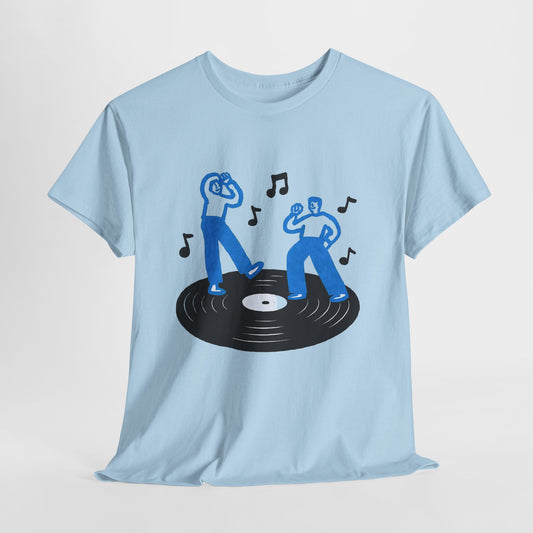 Dancing Vinyl Record T-Shirt, Retro Music Graphic Tee, Blue Hand Drawn Streetwear Shirt, Music Lover Aesthetic Gift
