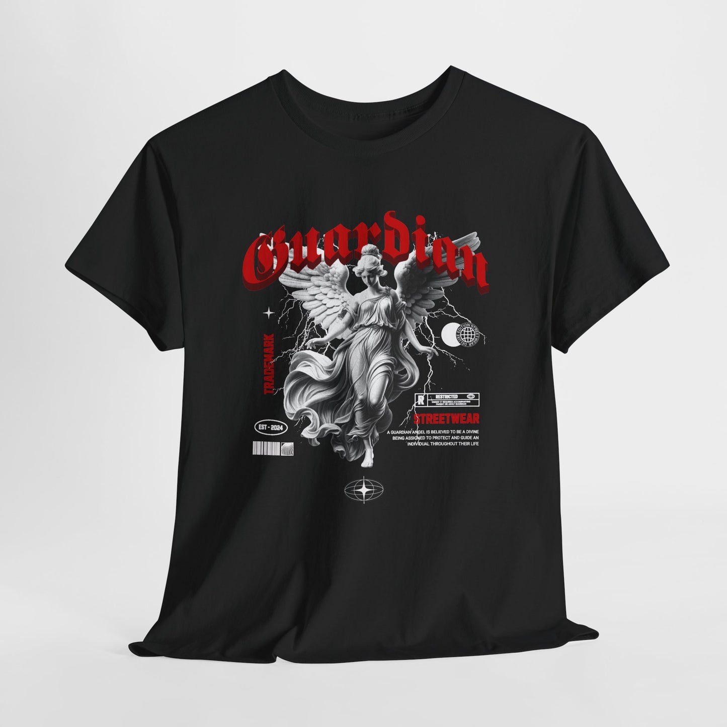 Gothic Angel Statue T-Shirt, Guardian Graphic Tee, Streetwear Blackletter Shirt, Dark Aesthetic Gift Tee