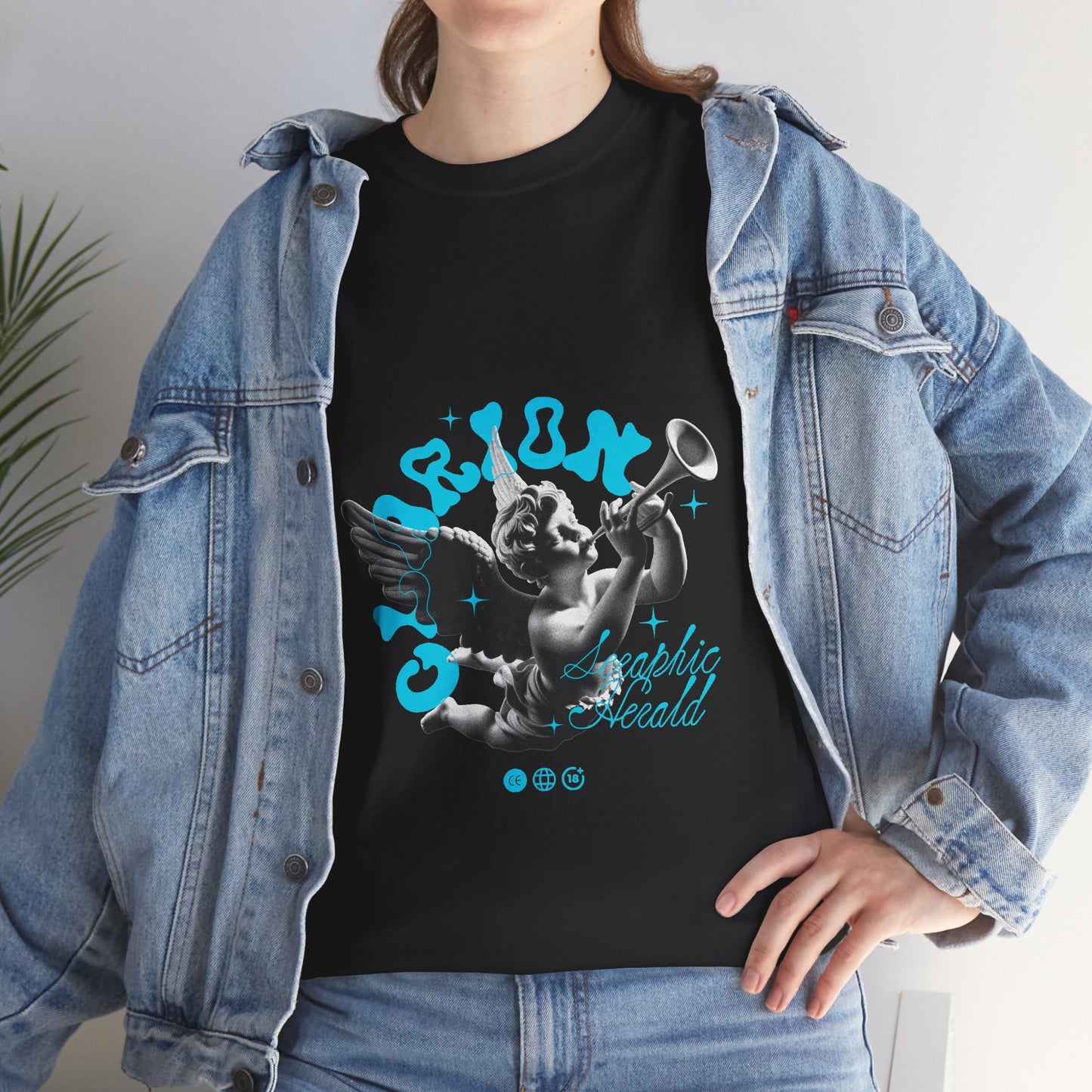 Baby Angel Cherub Graphic Tee, Trumpet Statue Art Shirt, Blue Gothic Streetwear Top, Renaissance Aesthetic Gift