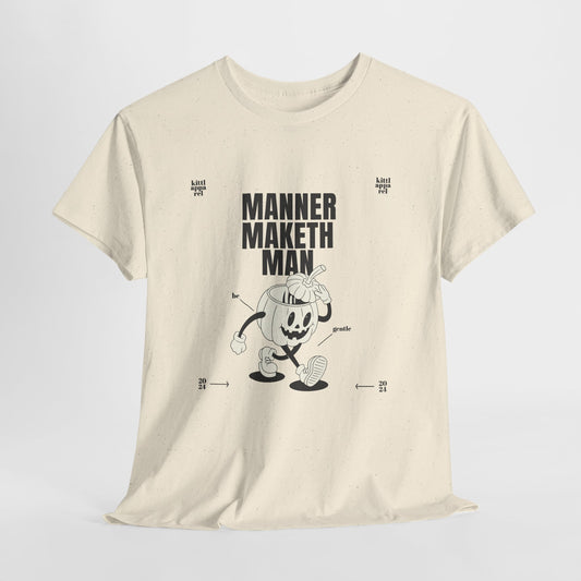 Manner Maketh Man T-Shirt, Retro Pumpkin Mascot Graphic Tee, Funny Halloween Streetwear Shirt, Autumn Aesthetic Gift