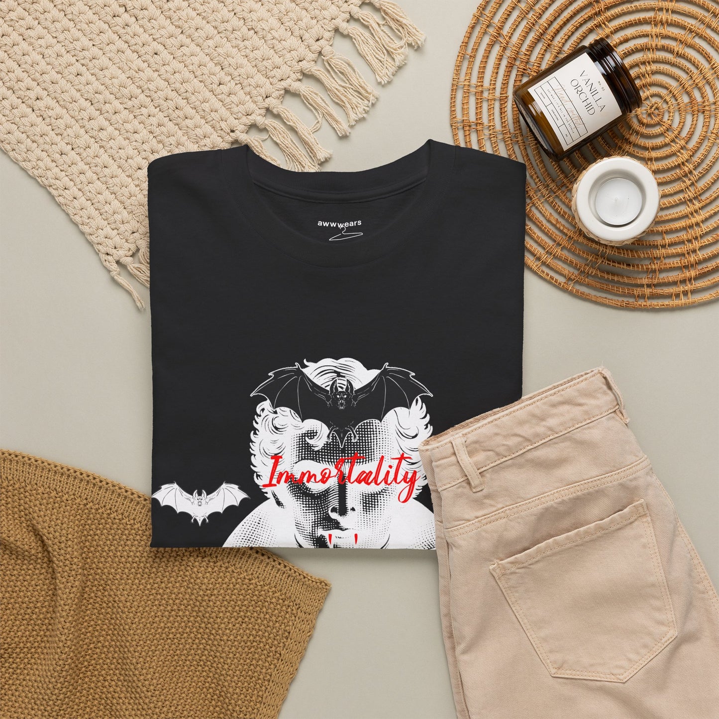 Vampire Bat T-Shirt, Immortality Gothic Graphic Tee, Halloween Script Streetwear Shirt, Red And Delicious Gift