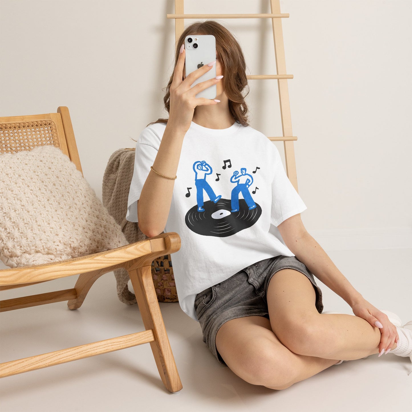 Dancing Vinyl Record T-Shirt, Retro Music Graphic Tee, Blue Hand Drawn Streetwear Shirt, Music Lover Aesthetic Gift