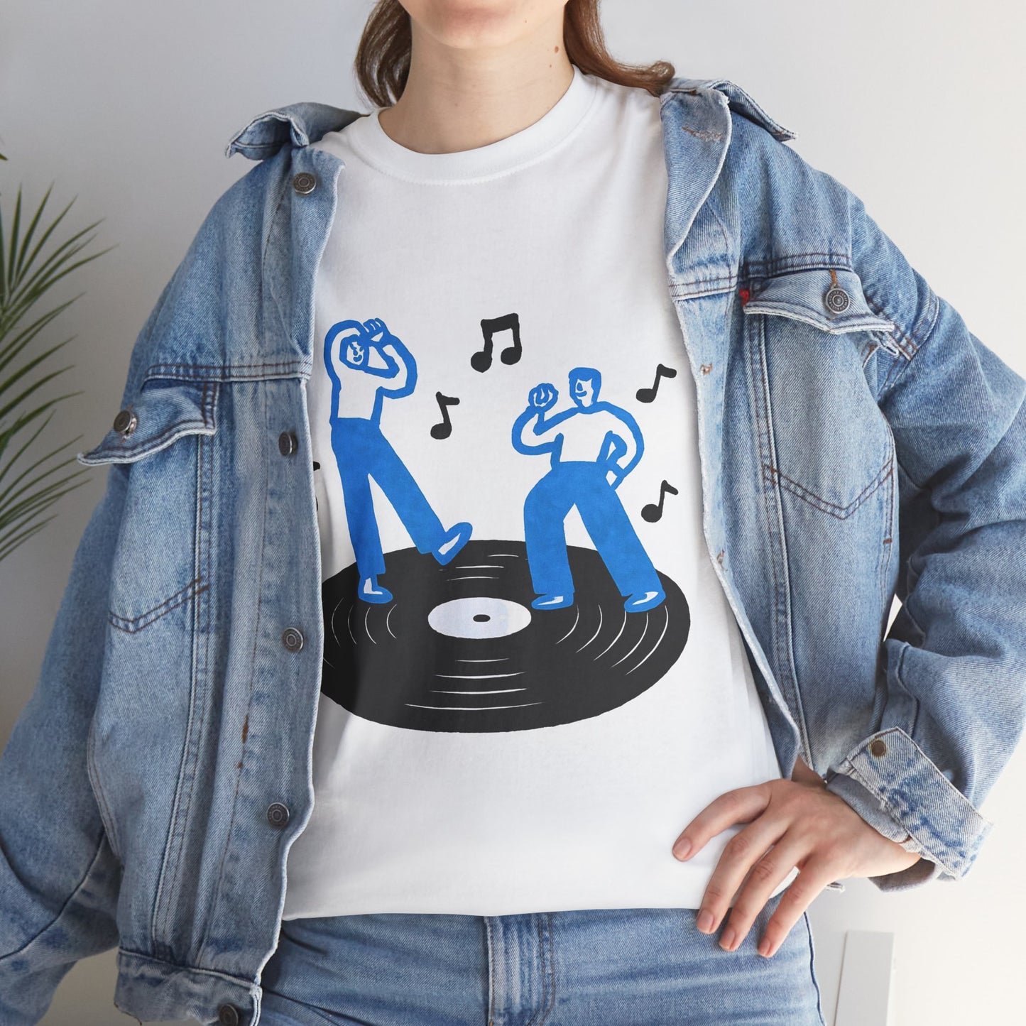 Dancing Vinyl Record T-Shirt, Retro Music Graphic Tee, Blue Hand Drawn Streetwear Shirt, Music Lover Aesthetic Gift