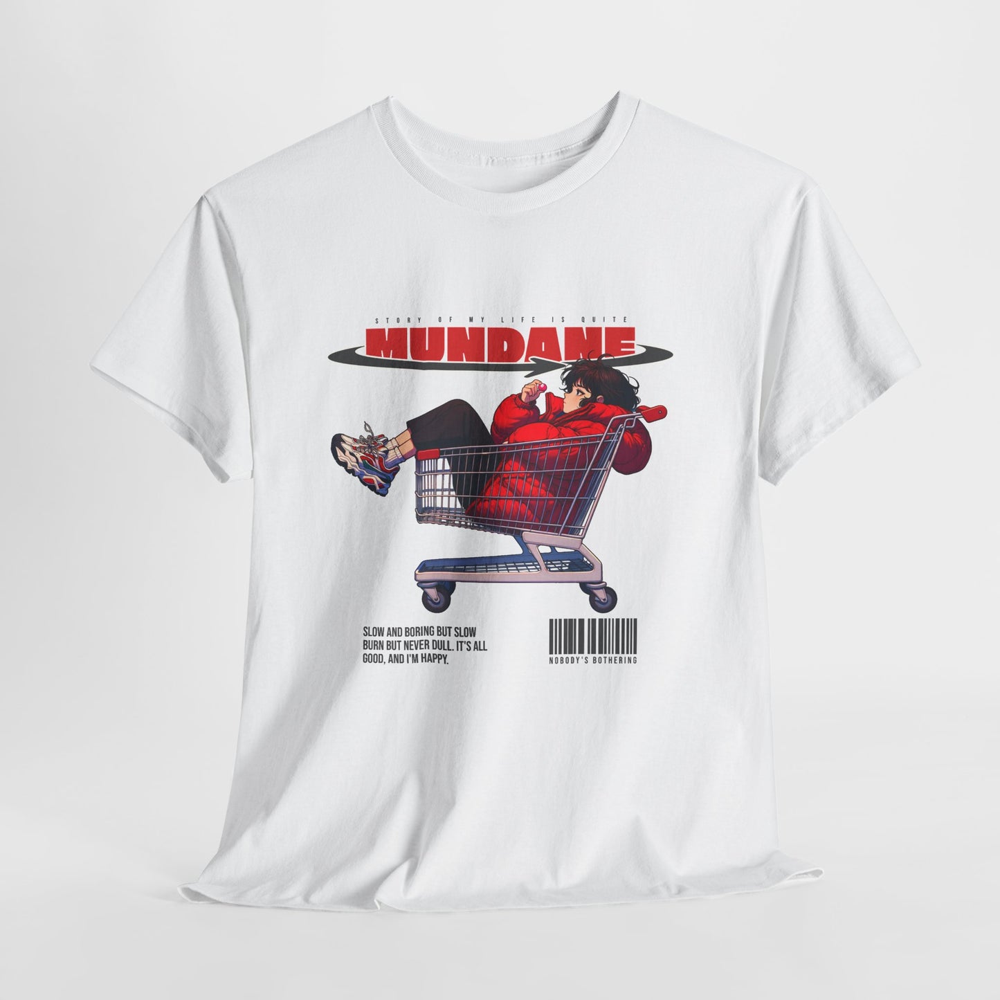 Mundane Anime Shopping Cart Graphic T-Shirt Tee, Y2K Streetwear Manga Shirt, Trendy Statement Top, Gildan 5000 Anime Gift Tee