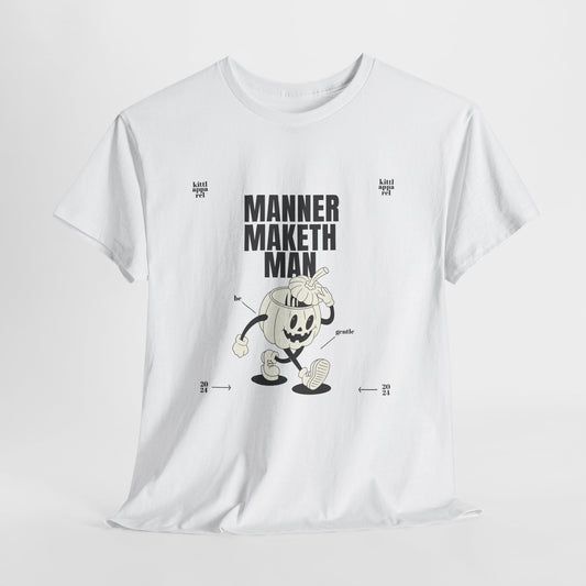 Manner Maketh Man T-Shirt, Retro Pumpkin Mascot Graphic Tee, Funny Halloween Streetwear Shirt, Autumn Aesthetic Gift