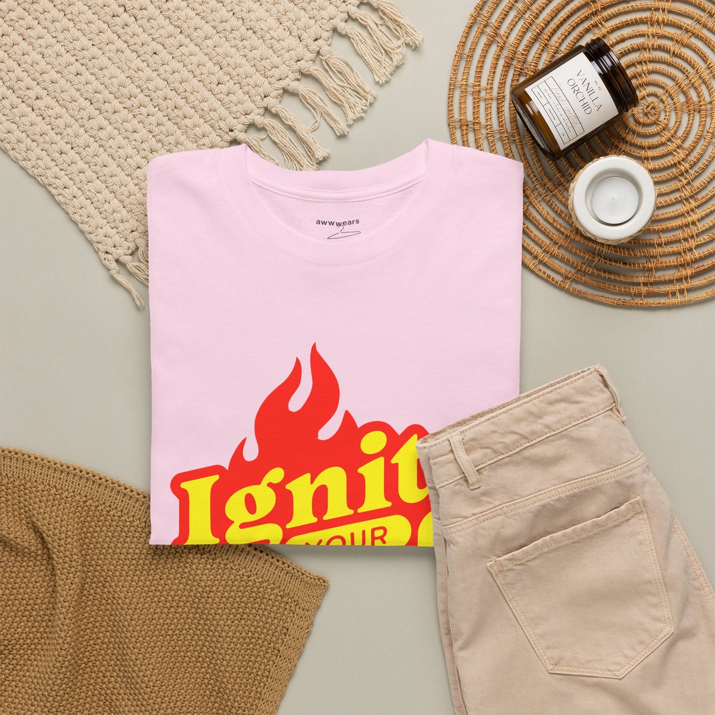 Retro Flame Ignite Graphic T-Shirt Tee, Bold Groovy Lettering Shirt, Motivational Spark Top, Gildan 5000 Inspirational Gift Tee