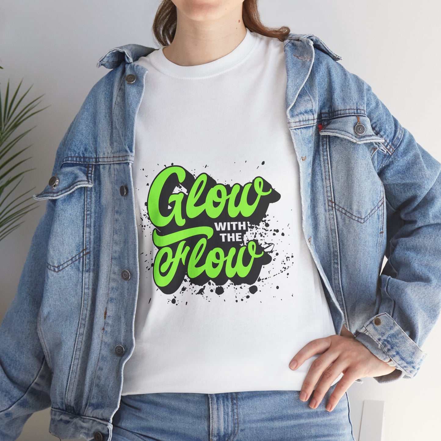 Glow With The Flow Graphic T-Shirt Tee, Neon Splatter Streetwear Shirt, Bold Motivational Statement Top, Gildan 5000 Trendy Gift Tee