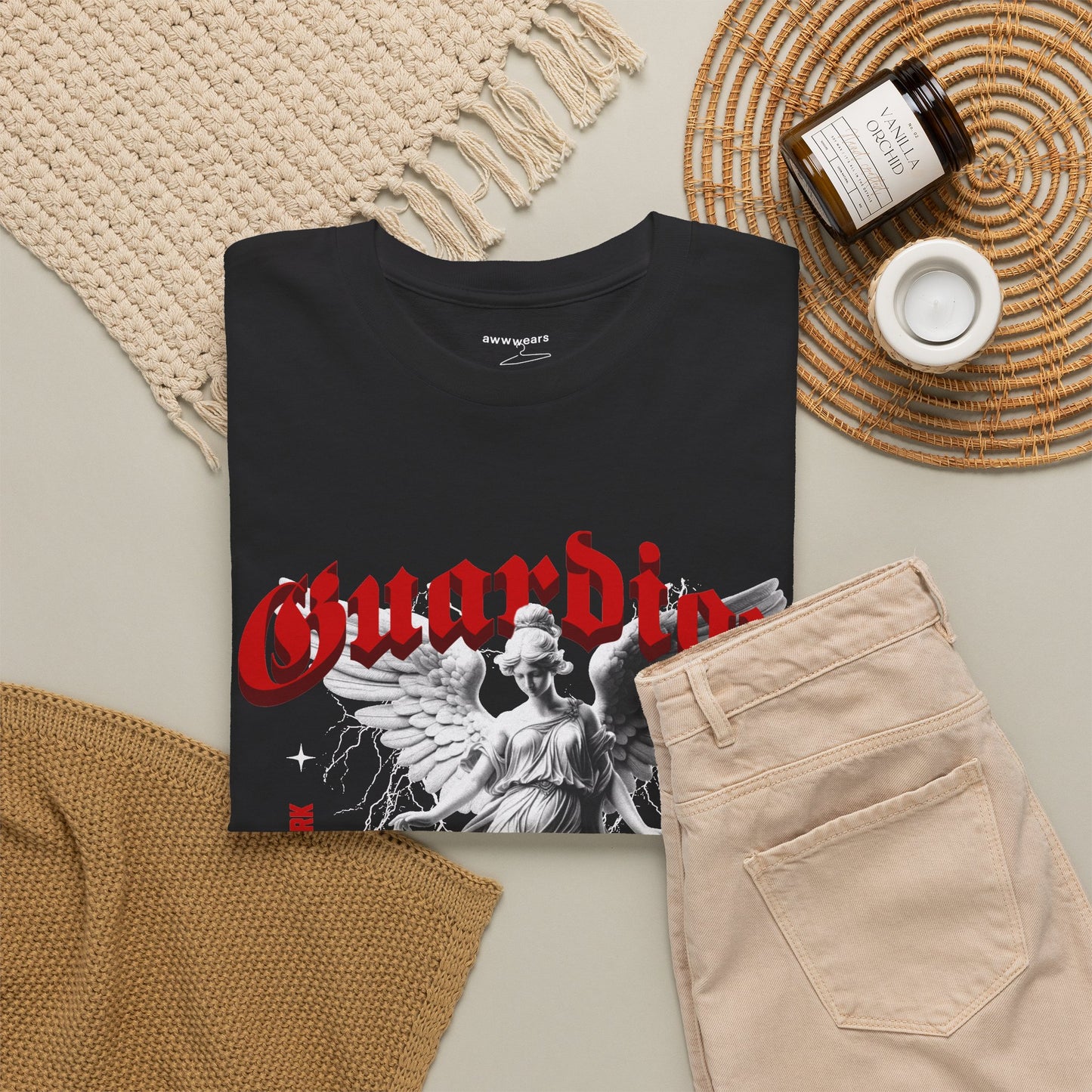 Gothic Angel Statue T-Shirt, Guardian Graphic Tee, Streetwear Blackletter Shirt, Dark Aesthetic Gift Tee