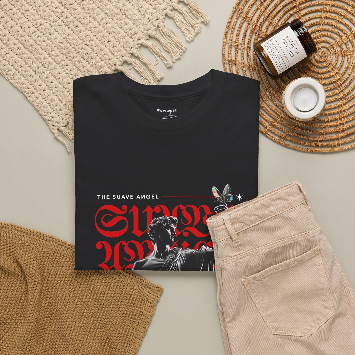 Classical Statue T-Shirt, Suave Angel Gothic Graphic Tee, Red Blackletter Streetwear Shirt, Renaissance Art Gift for Halloween