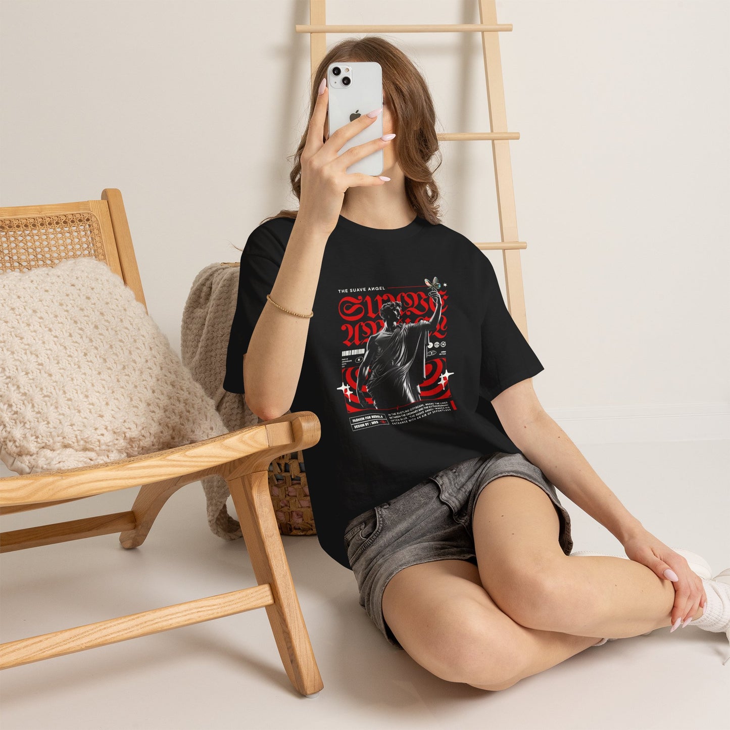 Classical Statue T-Shirt, Suave Angel Gothic Graphic Tee, Red Blackletter Streetwear Shirt, Renaissance Art Gift for Halloween