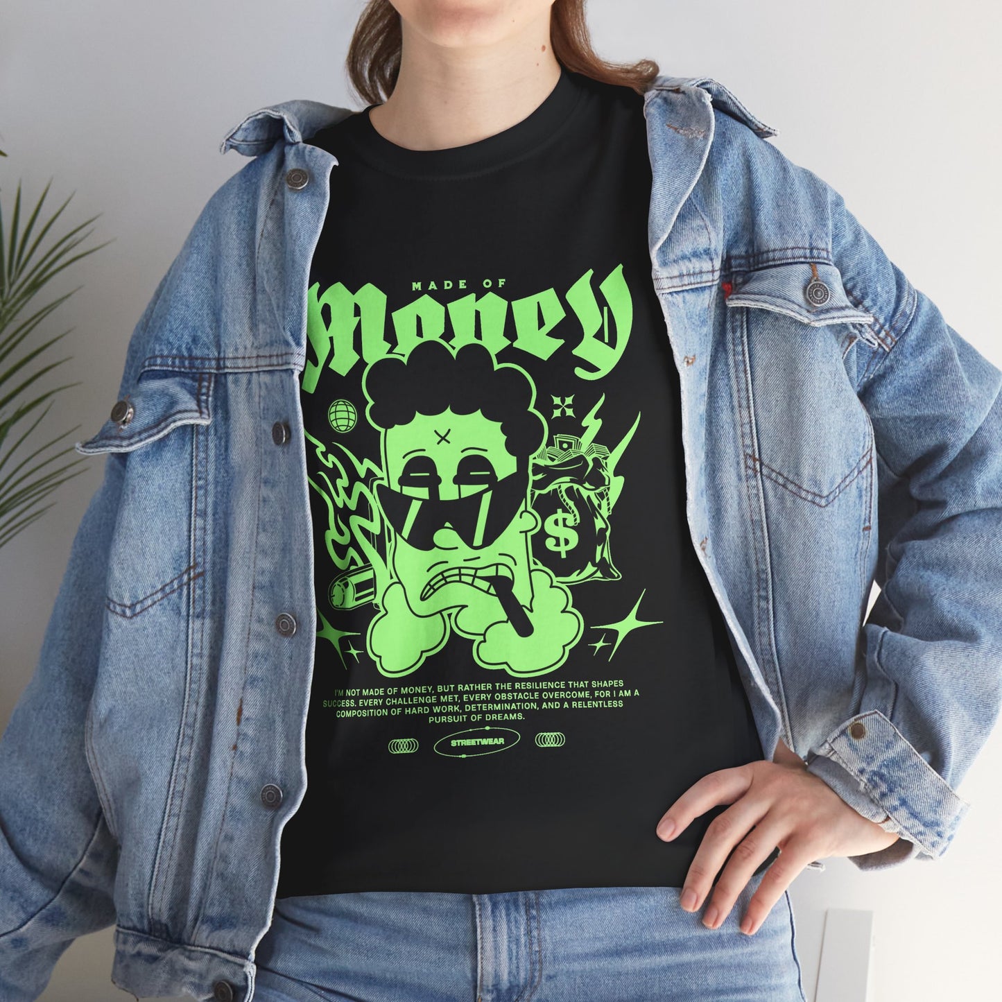 Made Of Money T-Shirt, Y2K Cartoon Character Graphic Tee, Neon Green Streetwear Shirt, Hustle Aesthetic Gift