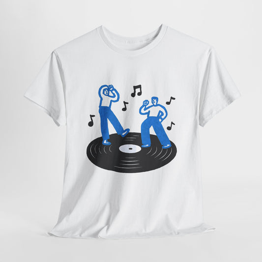 Dancing Vinyl Record T-Shirt, Retro Music Graphic Tee, Blue Hand Drawn Streetwear Shirt, Music Lover Aesthetic Gift