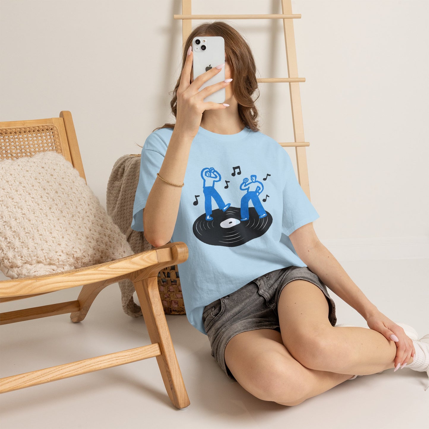 Dancing Vinyl Record T-Shirt, Retro Music Graphic Tee, Blue Hand Drawn Streetwear Shirt, Music Lover Aesthetic Gift
