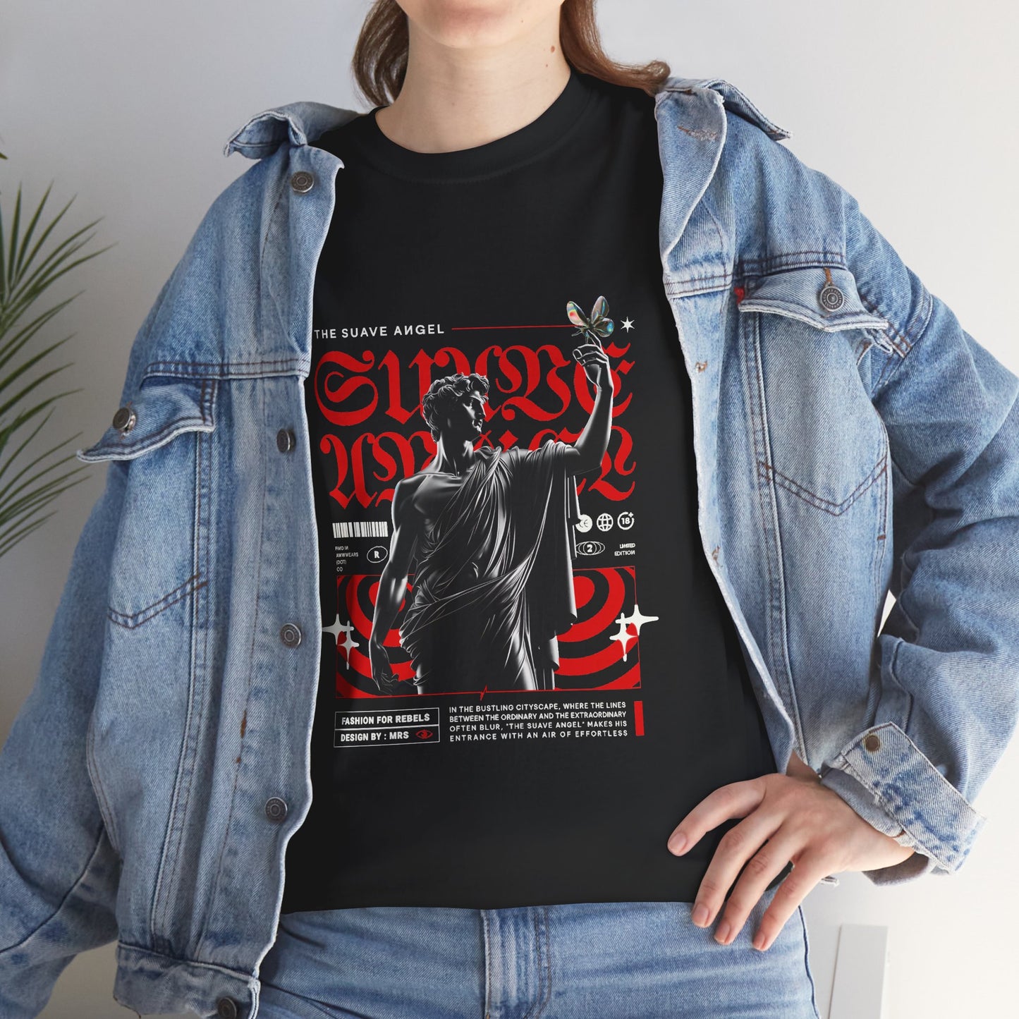 Classical Statue T-Shirt, Suave Angel Gothic Graphic Tee, Red Blackletter Streetwear Shirt, Renaissance Art Gift for Halloween