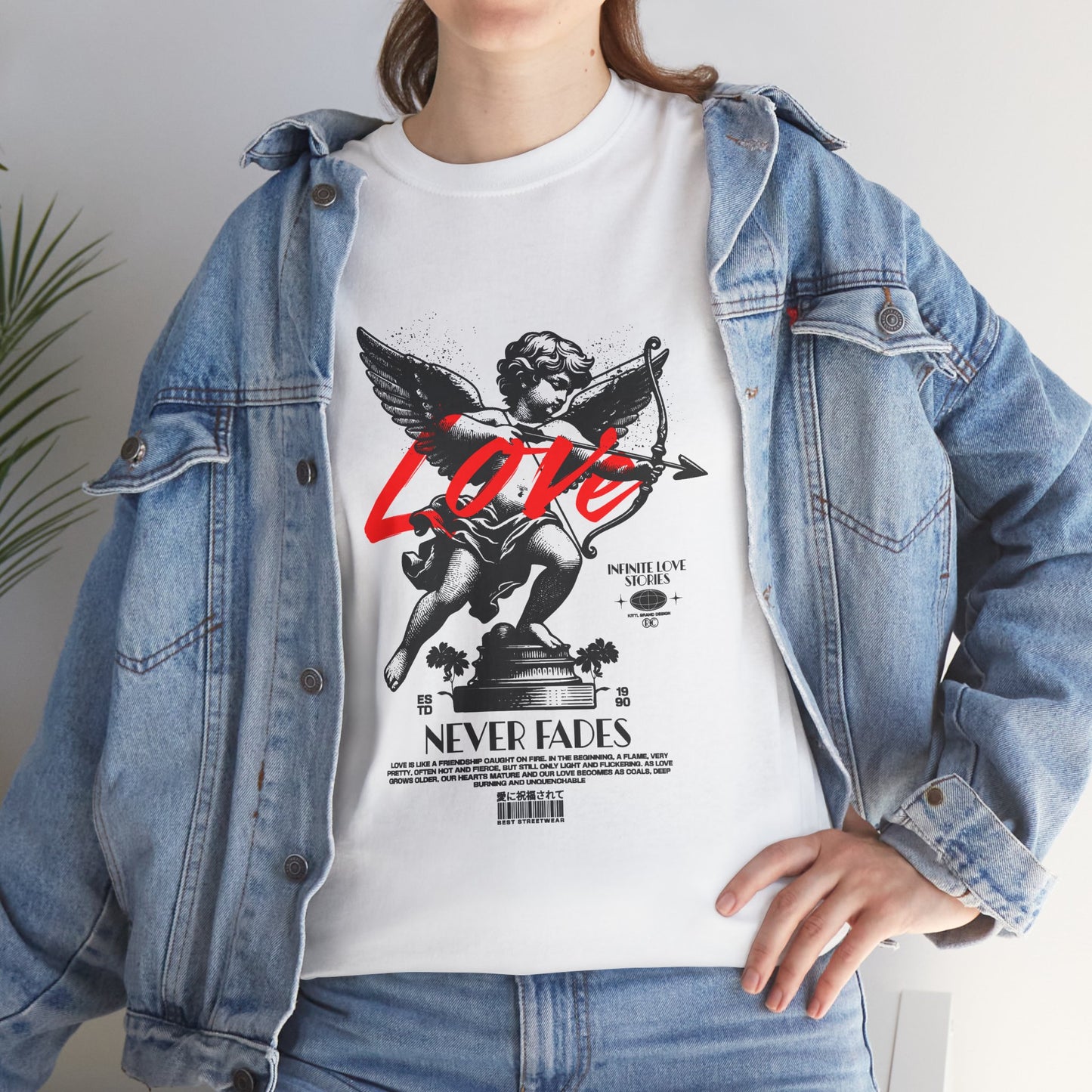 Cupid Statue T-Shirt, Love Never Fades Graphic Tee, Vintage Streetwear Shirt, Valentine's Aesthetic Gift